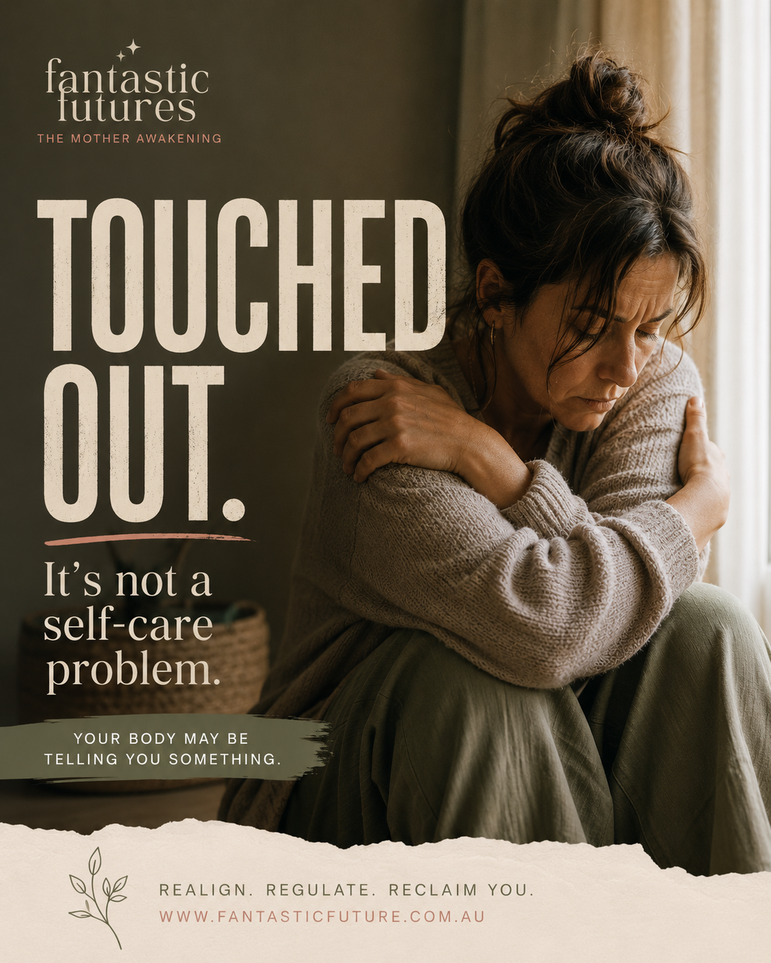 Overwhelmed mother sitting alone with her arms wrapped around herself, representing sensory overload, touch aversion and the nervous system experience of feeling touched out in motherhood.