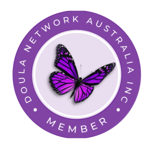 A purple and black butterfly in the center of a circular logo with a purple border. The border contains the text 'Doula Network Australia Inc Member'.