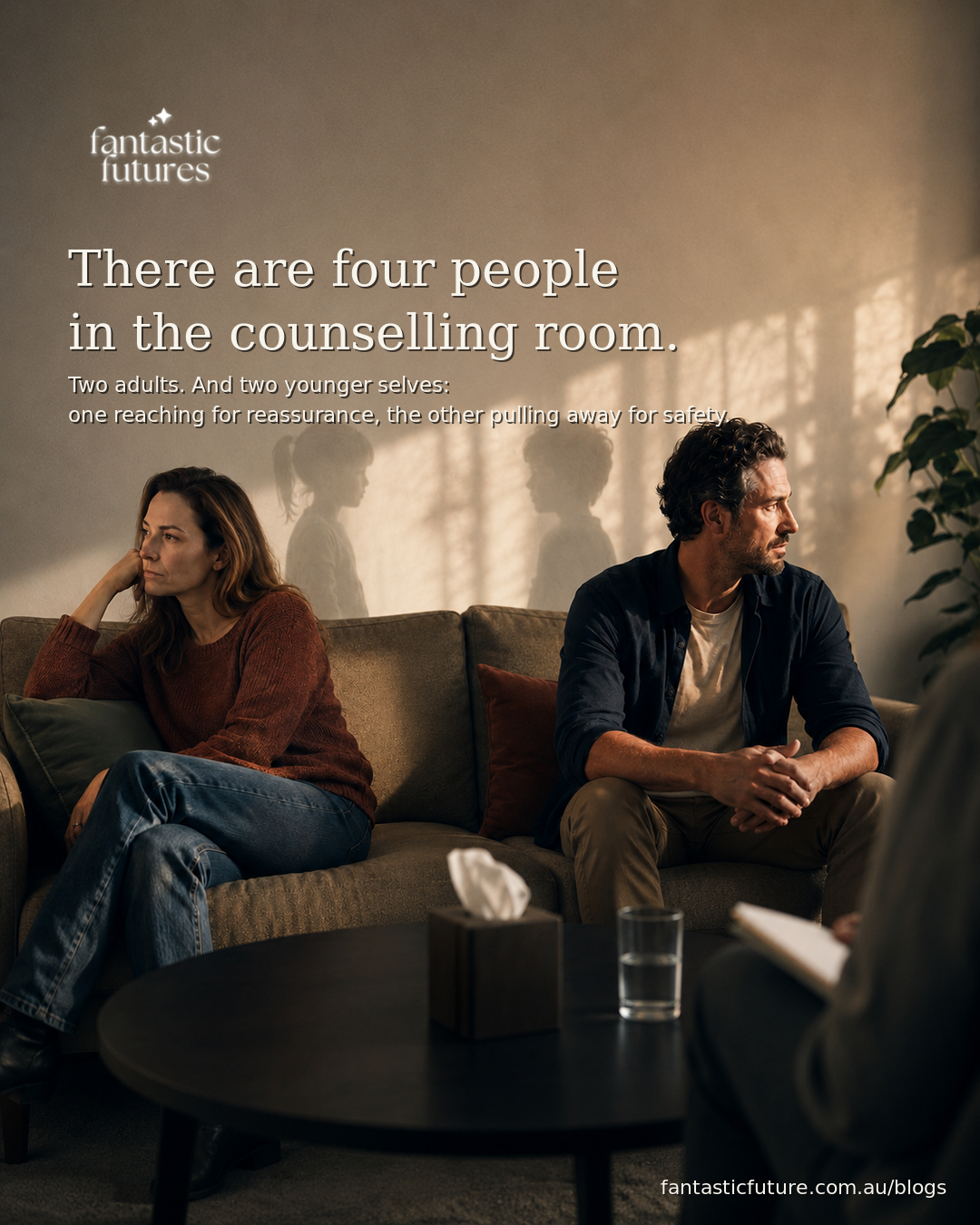 A couple sit apart in a relationship counselling room, with the shadows of their younger selves behind them representing the attachment wounds shaping their conflict.