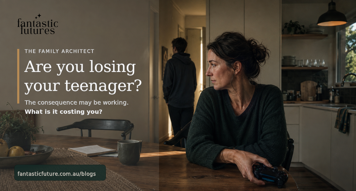 A worried mother holds her teenager’s game controller as he walks away down the hallway, with the words: “Are you losing your teenager? The consequence may be working. What is it costing you?”