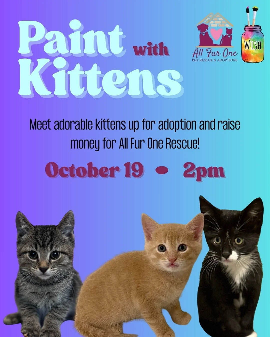 We're so excited to be hosting another Paint with Kittens event! Join us for a chill afternoon of painting and hanging out with adoptable kittens from @allfuronepetrescue! $10 from your ticket cost, as well as 10% of all ceramic sales made during the