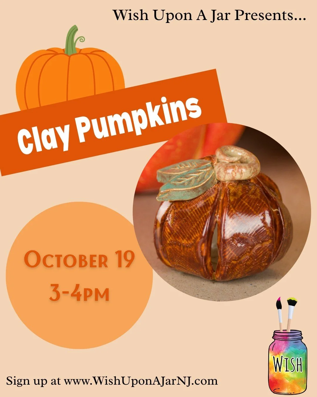 Join us for our clay pumpkin class! This class is perfect for beginners - our friendly instructor will guide you step-by-step through the process. Choose to pick up your finished pumpkin full glazed and ready for display or stop by the studio to pain