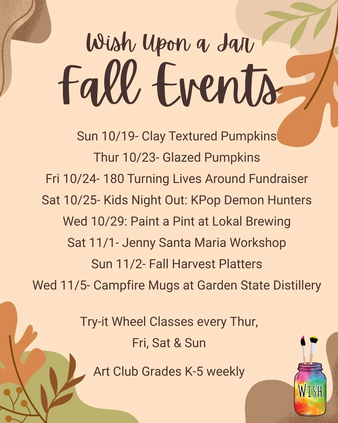 Our fall event calendar is stacked! From events happening at the studio to collabs with other local businesses &amp; artists ( @lokalbrewco, @gardenstatedistillery, @jen_santamaria ) enjoy the slowdown from summer and create with us 🎨🍂
