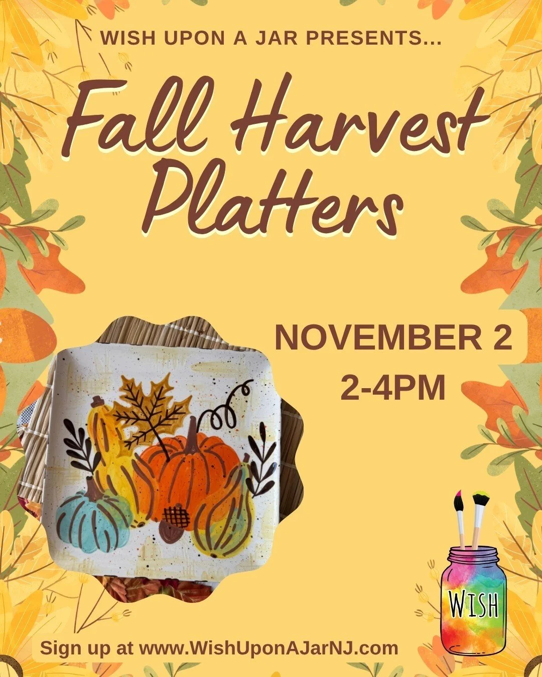 Join us to make your own fall inspired platter - perfect for your Thanksgiving table! This adorable design is from @ammieyall, one of our favorite ceramic artists. We'll have a trace-able design template, and our instructor will lead you through the 
