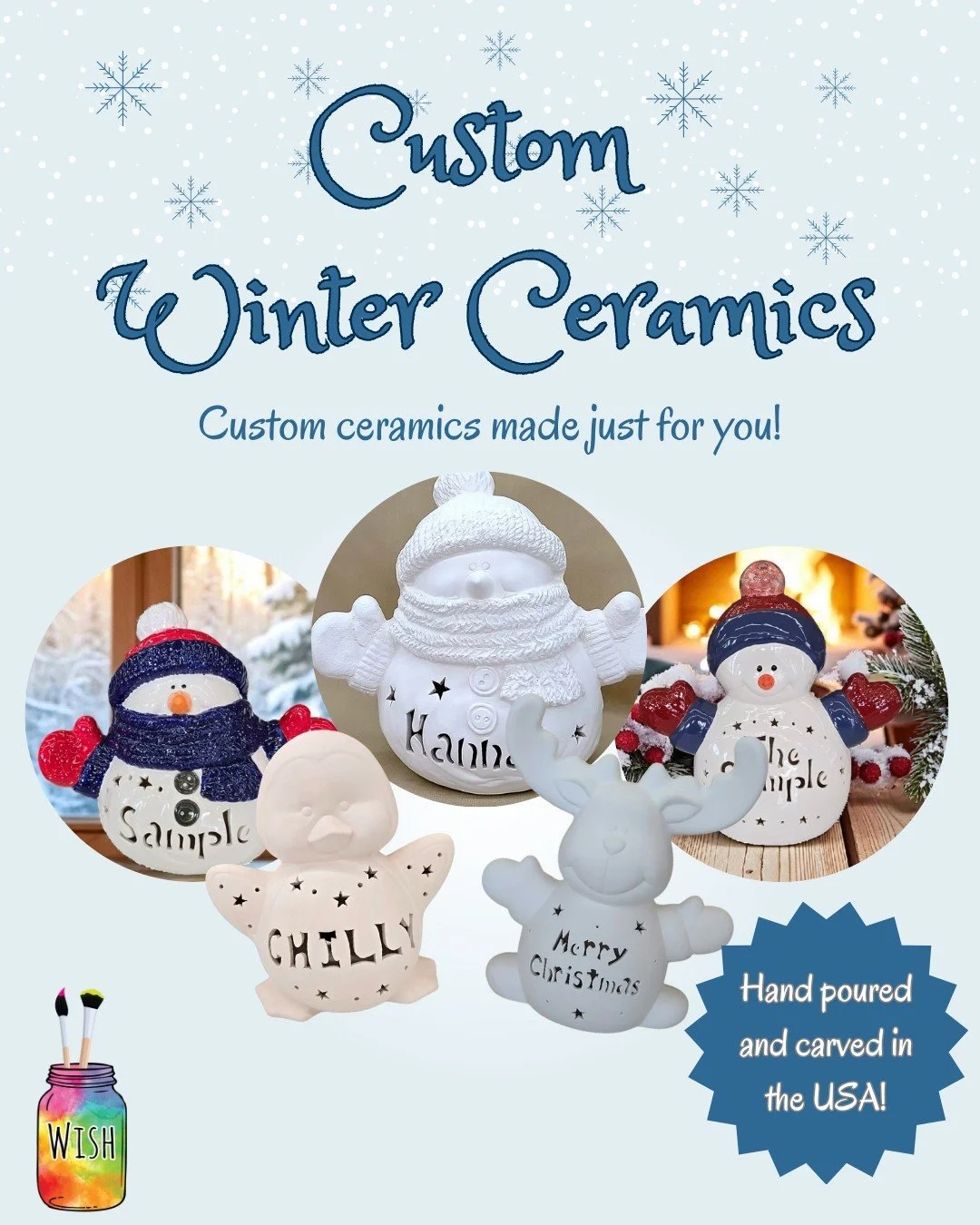 We're so excited to be offering custom winter ceramics this year 🦌🐧☃️ Choose between a reindeer, penguin, or 3 styles of snowmen and add your own custom text! Head to the link in our bio to view our selection and place your order ❄️🎨