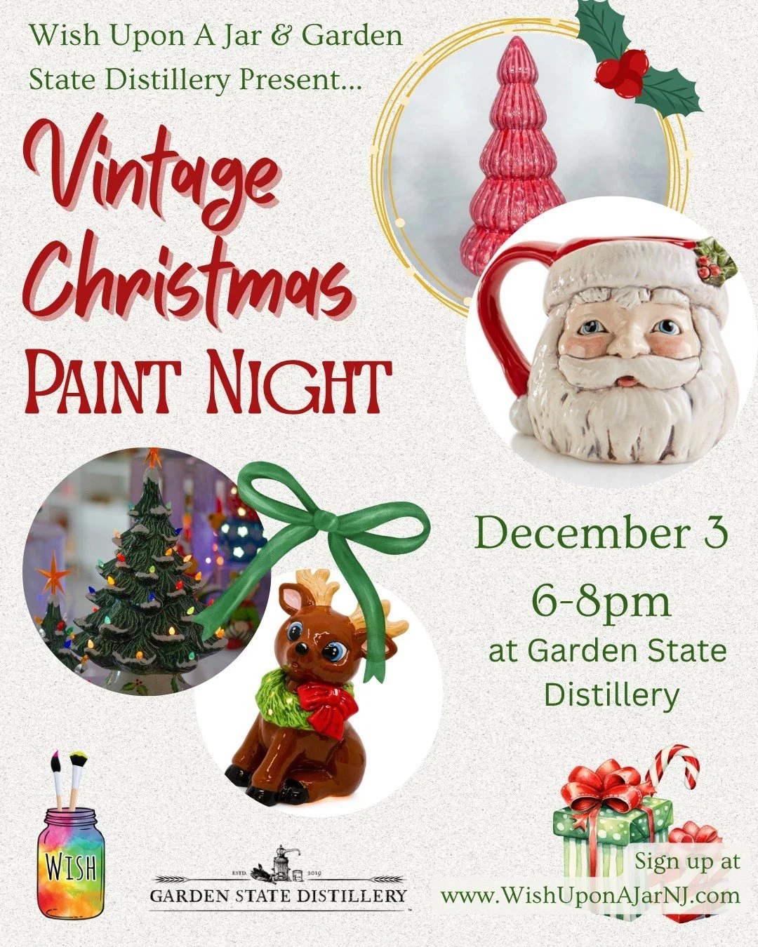 Join us next month at @gardenstatedistillery for a new holiday event! We'll have a variety of vintage-inspired pieces to choose from, including our classic vintage trees and adorable mugs🎄🎅🏻 We'll have our easy-to-use paints, and a friendly staff 