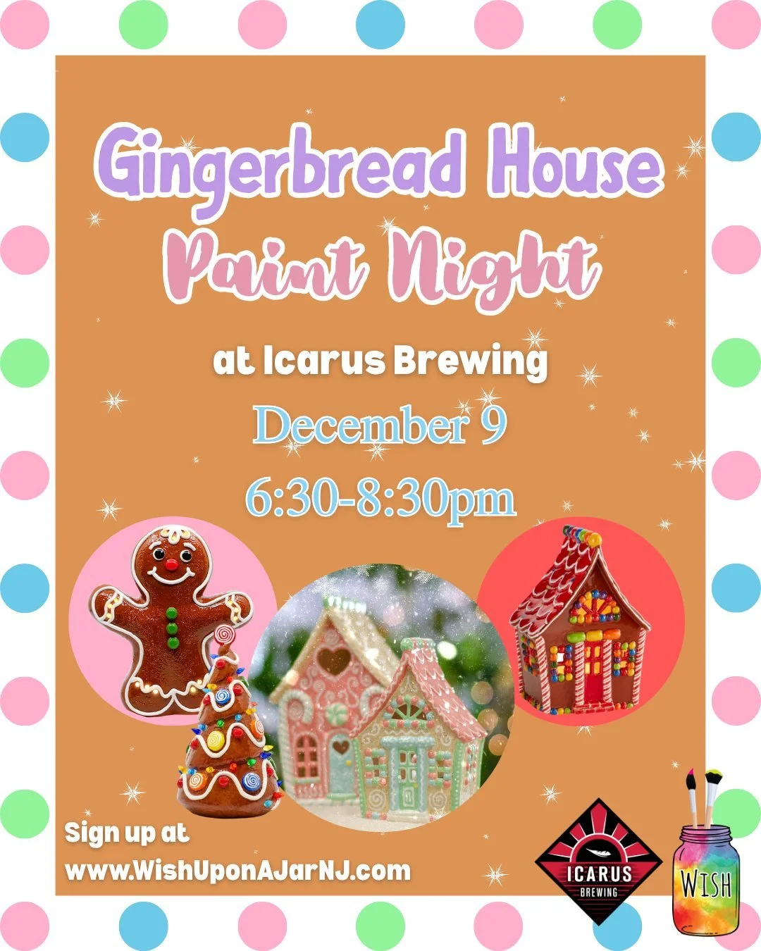 Back for another year, our holiday paint night collab with @icarusbrewing 🍻 Paint your own gingerbread house, tree, or man while you enjoy some delicious Icarus brews- the first round is included. We're already about halfway sold out- grab your tick