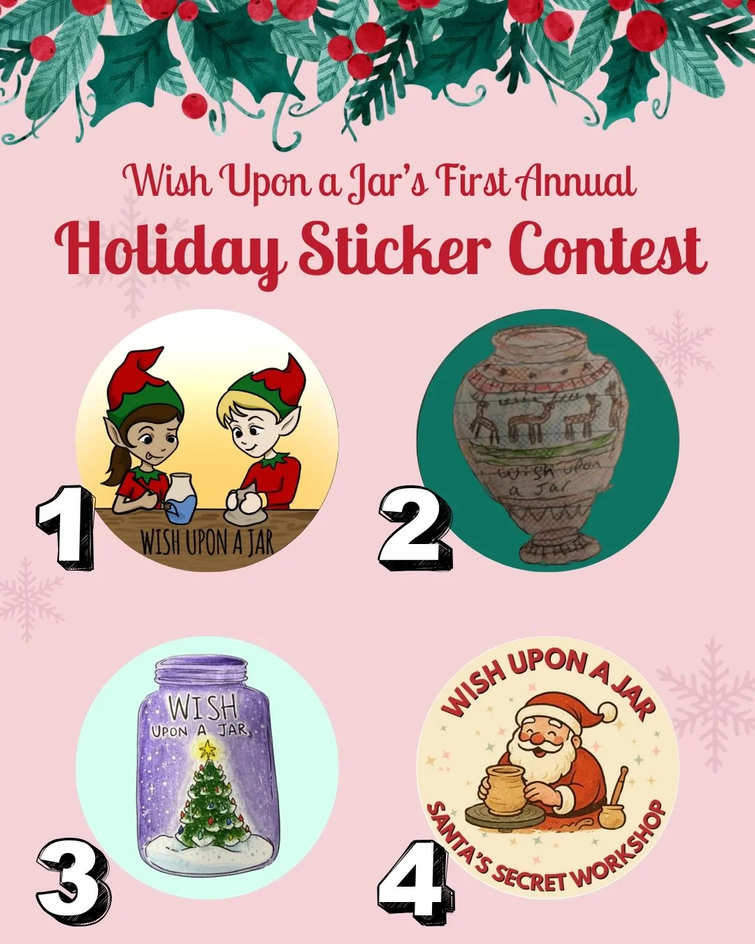 🎉 Contest time 🎊 Help us vote for your favorite holiday sticker, designed by our team members, and enter to win a Wish gift card 🎄 Entries are anonymous, so no picking favorites! Vote using the poll below, and/or stop in the studio to vote in pers