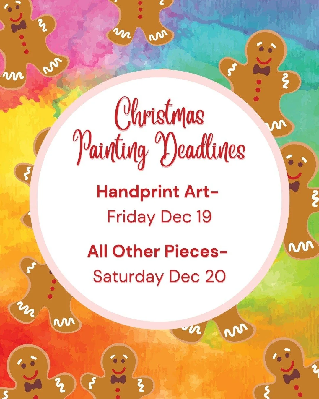 This is the last week to paint gifts in time for Christmas! Our cutoff for handprint art is this Friday and all other pieces this Saturday. Open every day for walk-in painters 🎄🎨