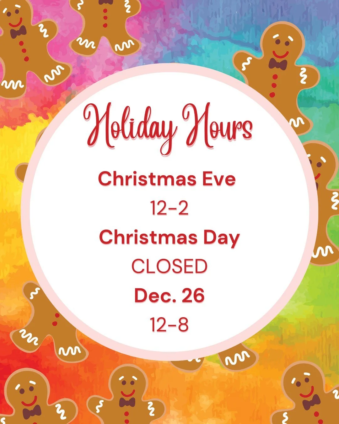 We will be open on Christmas Eve from 12-2 and closed Christmas Day! Still need a last-minute gift? Gift cards are available for purchase 24/7 online! We'll be back open at noon on the 26th 🎄🎨