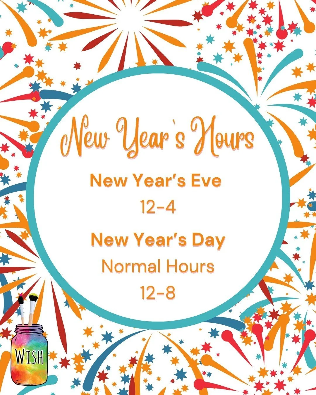 We will be closing at 4pm on New Year's Eve and resuming our normal hours on New Year's Day 🎉🍾🎨
