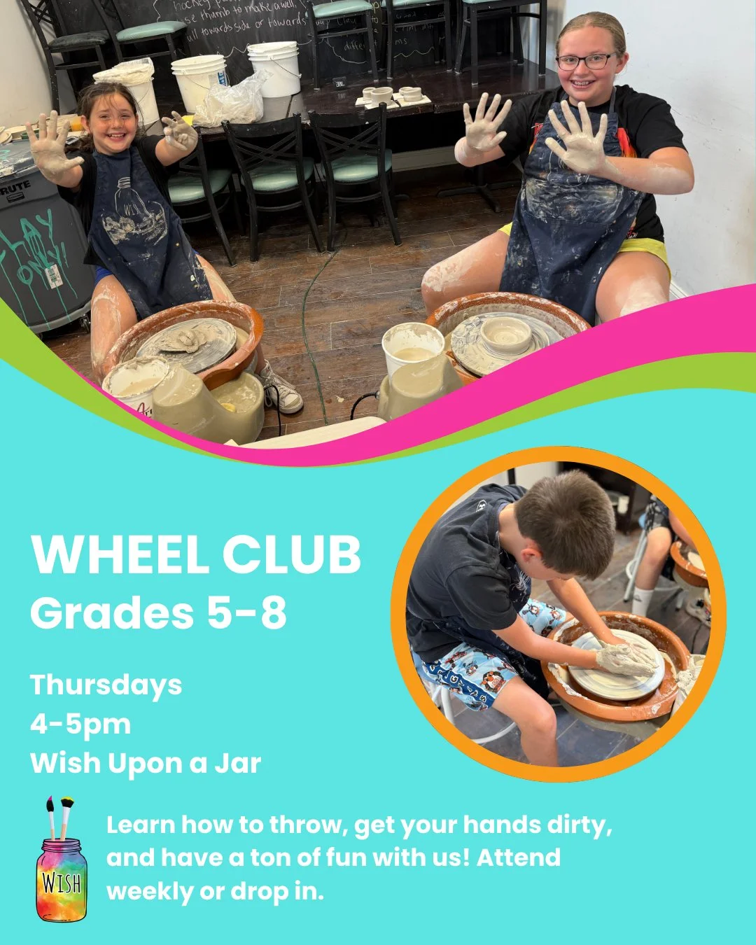 Kids wheel classes are HERE! We're excited to offer wheel club for kids in grades 5-8, where they can learn the basics of throwing as well as refine their technique. Our classes are small and our instructors are friendly. Get those hands doing someth