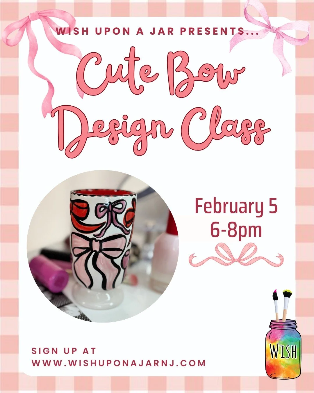 A favorite from last year - join us to add this trendy coquette design to any piece of pottery! Choose from a variety of ceramic pieces the night of the event and learn this simple technique from our experienced instructor. Hit the #linkinbio to secu