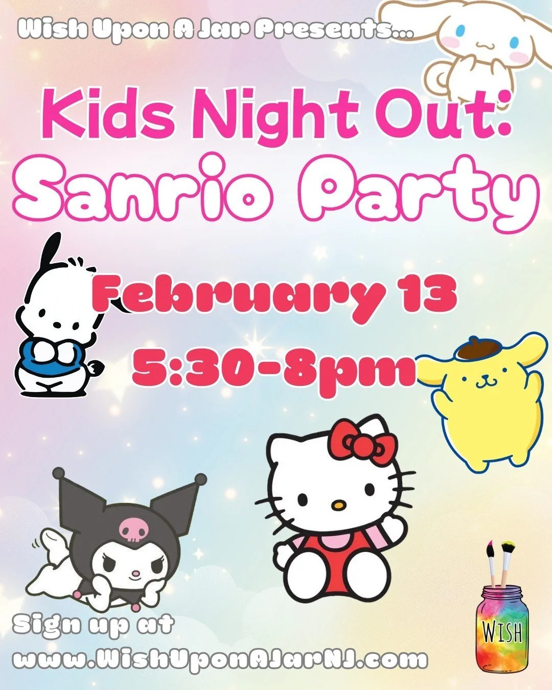 We're so excited for our next Kids Night Out, inspired by our favorite Sanrio characters! We'll be making art projects inspired by Hello Kitty, Cinnamoroll, Kuromi, and more. We'll also enjoy pizza, snacks, and drinks for dinner. Head to the link in 