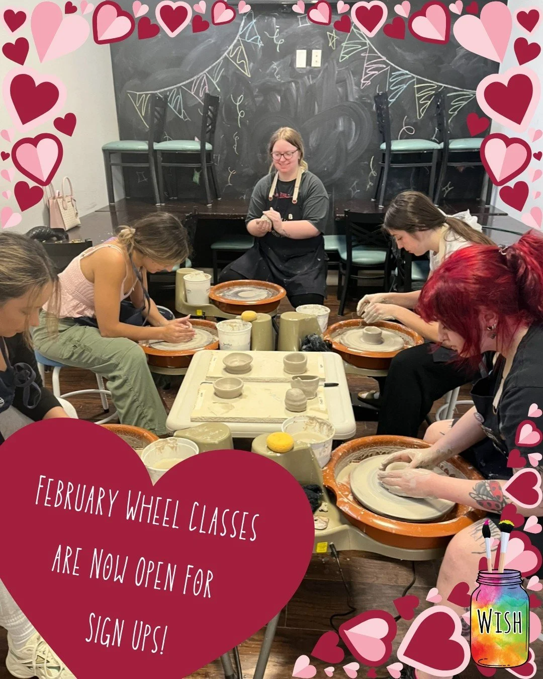 Our February wheel class schedule is up and open for sign-ups! Looking for a fun date night activity? Grab your spot for Valentine's Day before they fill up! Head to the link in our bio to sign up 💕🎨