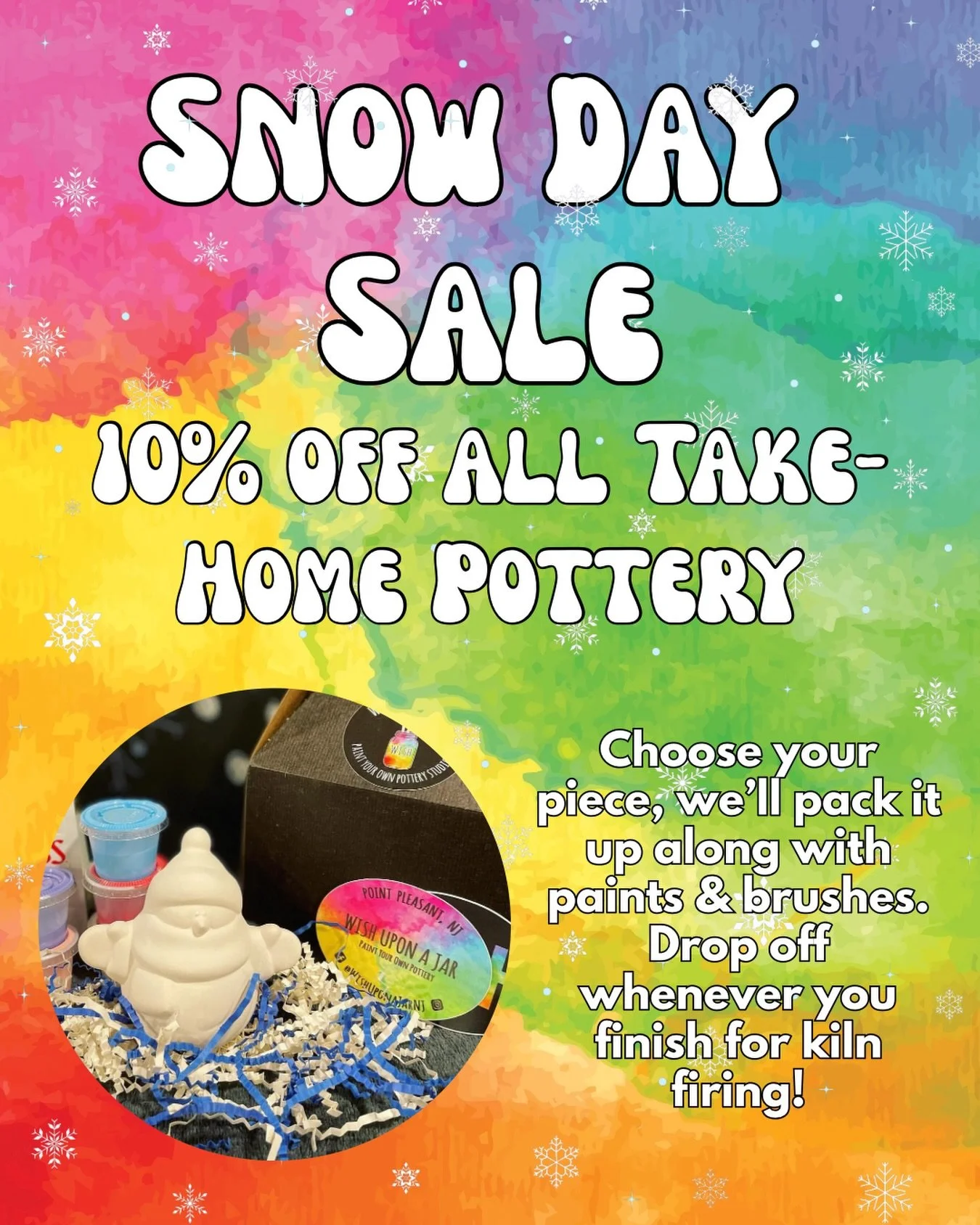 Need a way to beat the snow day boredom? Stop in for a take-home paint kit, 10% off until Sunday! We&rsquo;ll pack up everything you need for a fun at-home paint sesh ☃️🎨