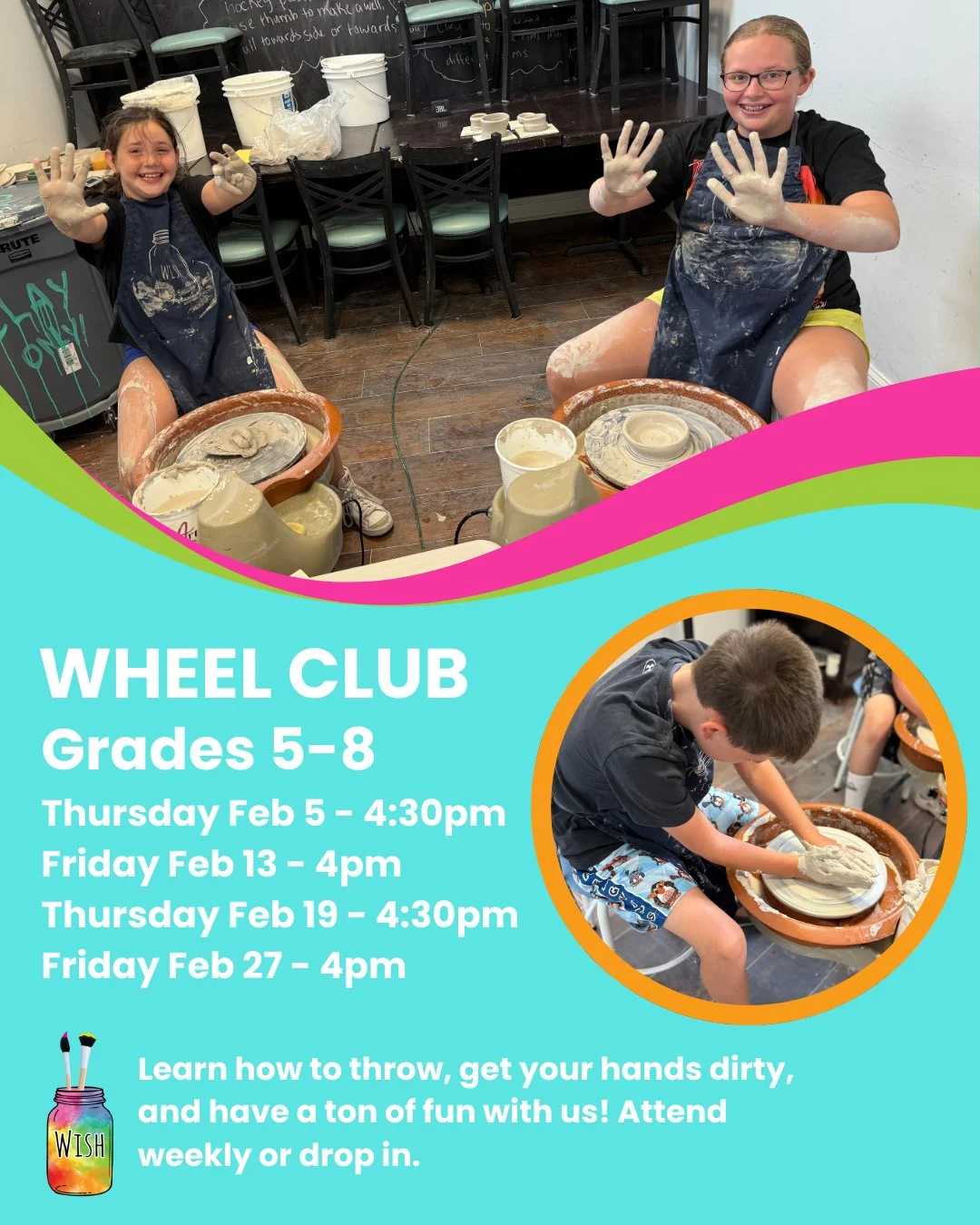 Our February Wheel Club schedule is up! Head to the link in our bio to view all sessions and sign up 🎨
