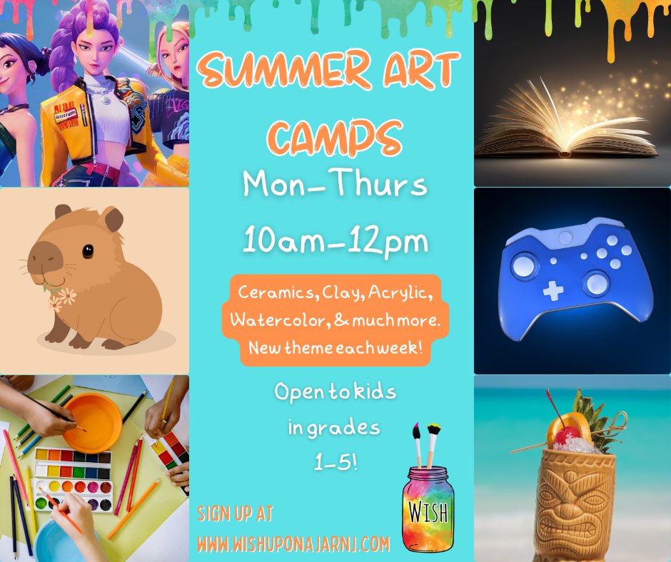 Summer camps are officially open for sign-ups! We'll be doing six weeks this year, all with a different theme. Each week we'll work with various different art mediums, such as ceramics, clay, acrylic, and more! Head to the link in our bio to sign up 