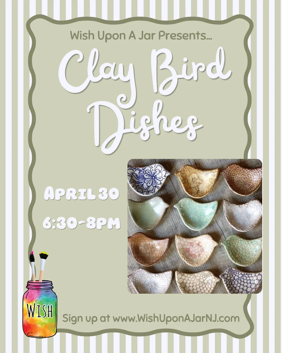 Join us next month to make these adorable clay bird dishes! Our instructor will lead you step-by-step through the process, so no experience is necessary to sign up. We'll have a variety of stamps and textures so you can easily customize your piece to