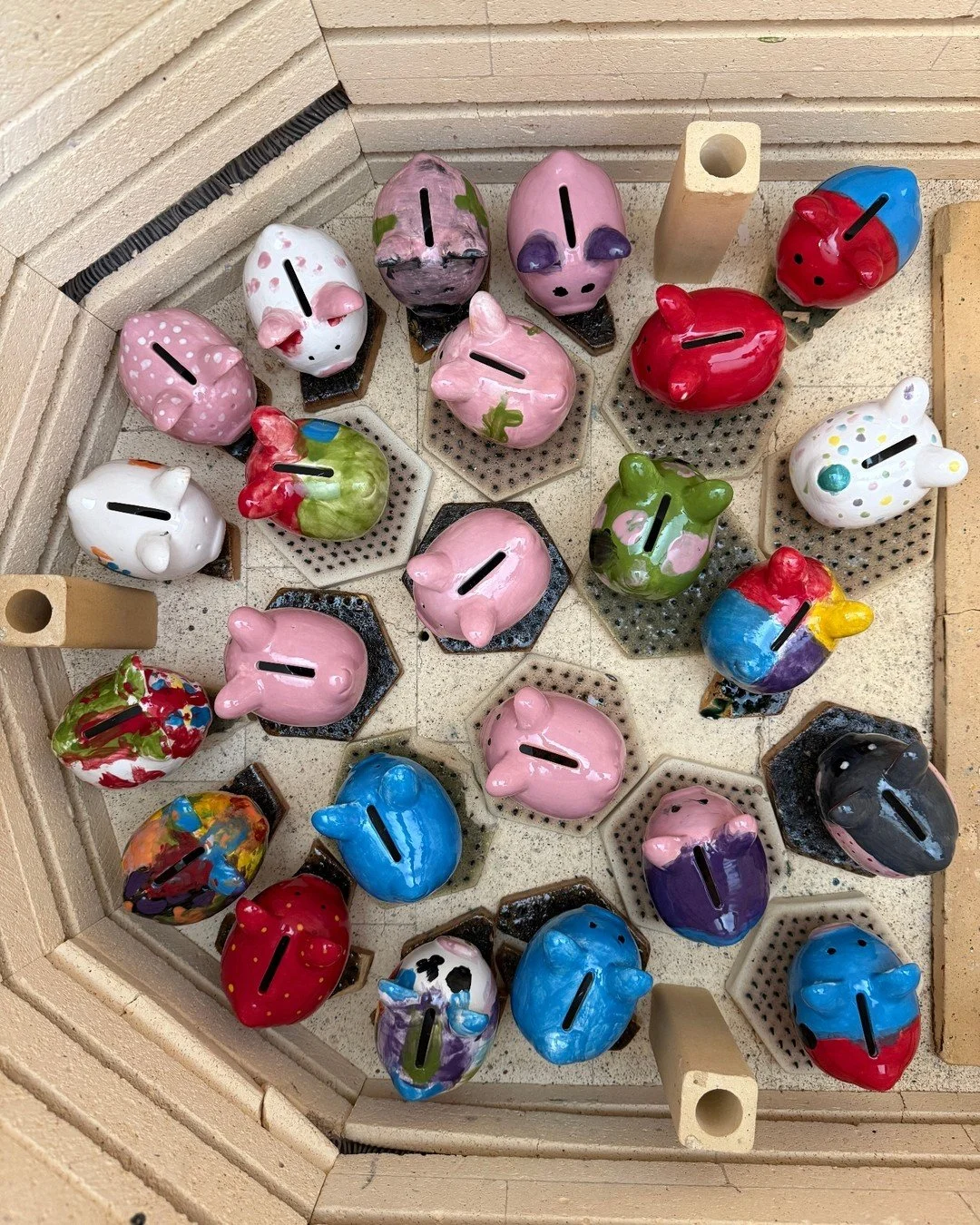 Recently we got to work with our friends at @manasquan_bank for Take Your Child to Work Day. Check out the cutest kiln shelf, and swipe to see some close ups 🐷🎨