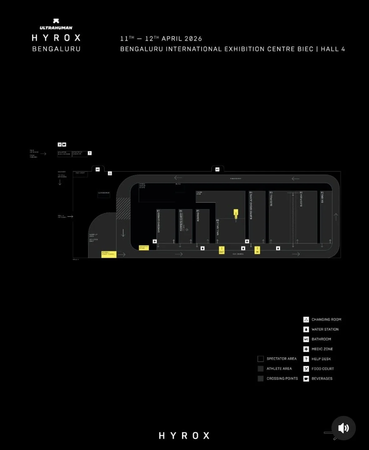 Official venue map for the Ultrahuman HYROX Bengaluru 2026 fitness race at BIEC Hall 4.