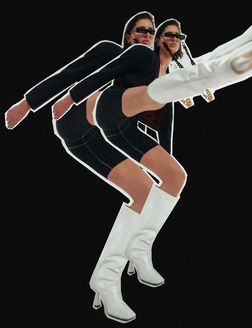 Stylized photo of two women with identical features, dressed in fashionable black jackets, shorts, and high white boots, posing against a black background. They are wearing large black sunglasses and have long braided hair, with one arm extended forward.