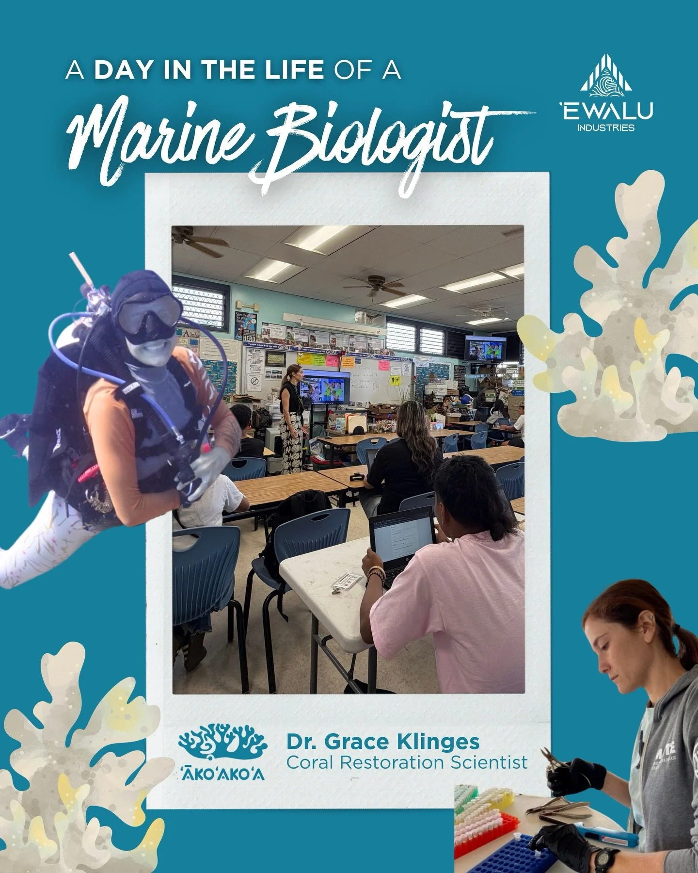 Ever wonder what a marine biologist does? Students at @khswaveriders heard firsthand from Dr. Grace Klinges, a Coral Restoration Scientist with the @akoakoareefrestoration , who shared what a typical day looks like in her role and how her team is wor
