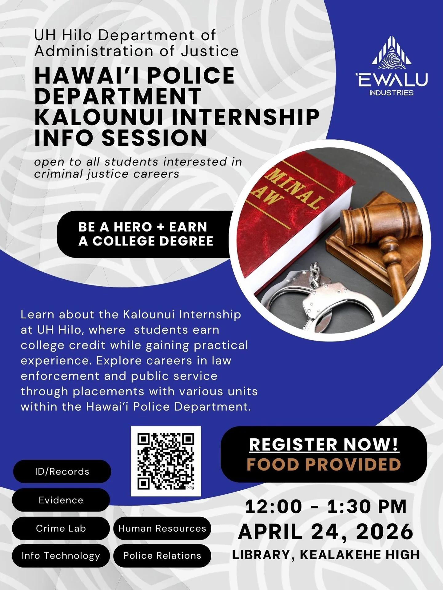 Tomorrow we will be hosting an info session on the Kalounui Internship Program with representatives from the @uhhilo.aj.department and @hawaiicounty_police 🚓

Register at bit.ly/HPDinternship to join us and learn how you can earn college credit whil