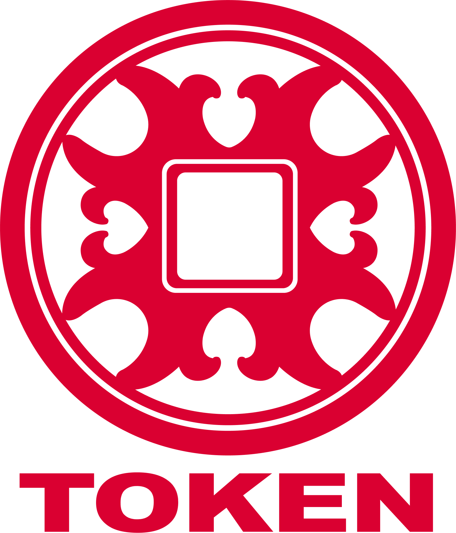 Logotipo rojo con diseño floral y texto "TOKEN" debajo.