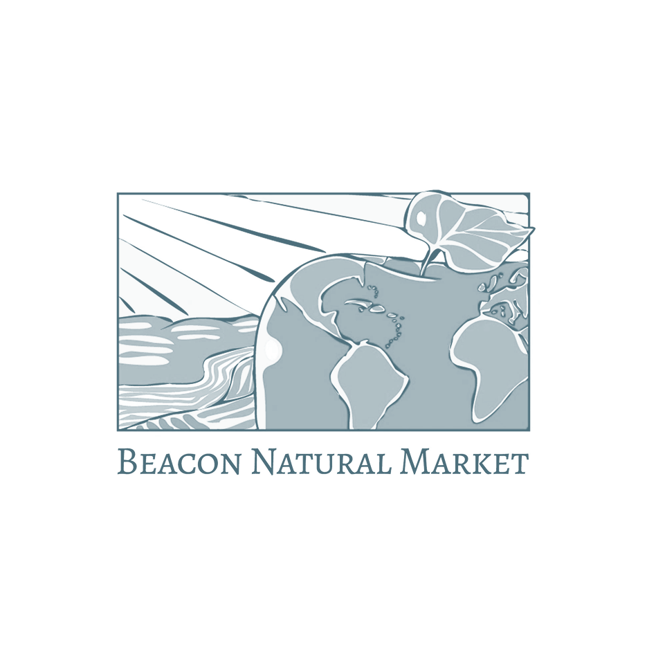 Logo for Beacon Natural Market featuring a stylized globe and a leaf.