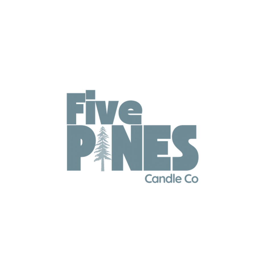 Logo for Five Pines Candle Co featuring stylized text with a pine tree silhouette replacing the letter 'I' in 'PINES' on a white background.
