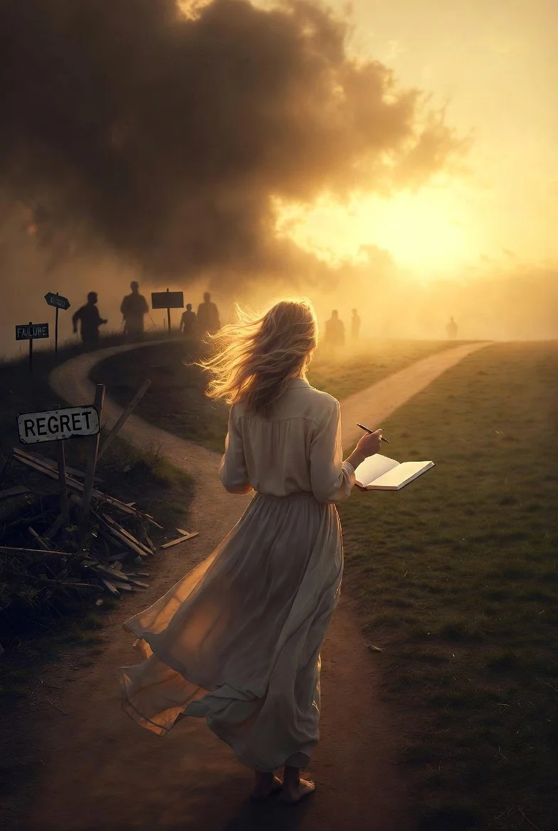 Image shows a woman at a crossroads