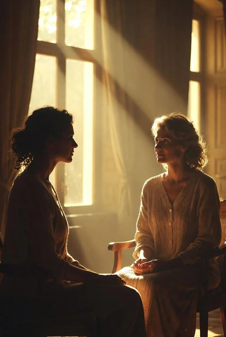 two females sitting in an illuminated room