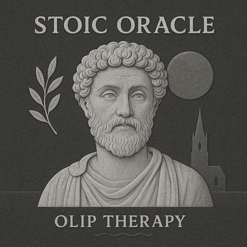 The Stoic Oracle emblem, a Roman-style bearded bust