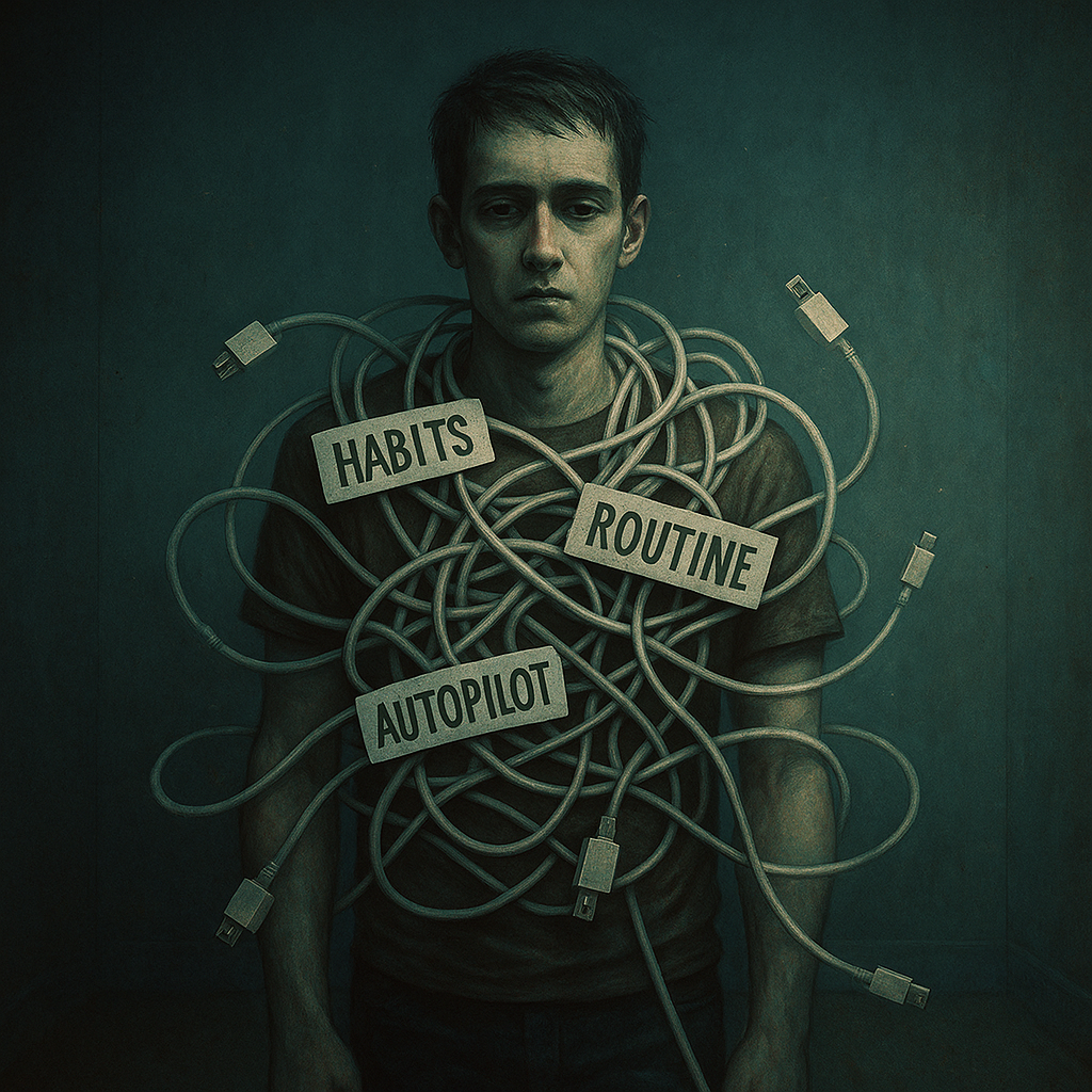 Image shows a man tangled up and cables trapped by habits routine and living life on autopilot