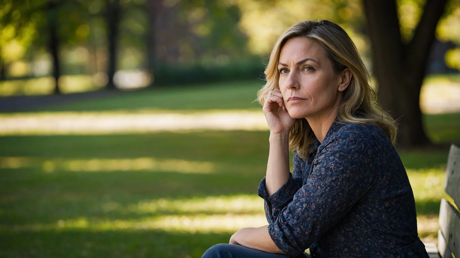 A woman outdoors, calm and reflective
