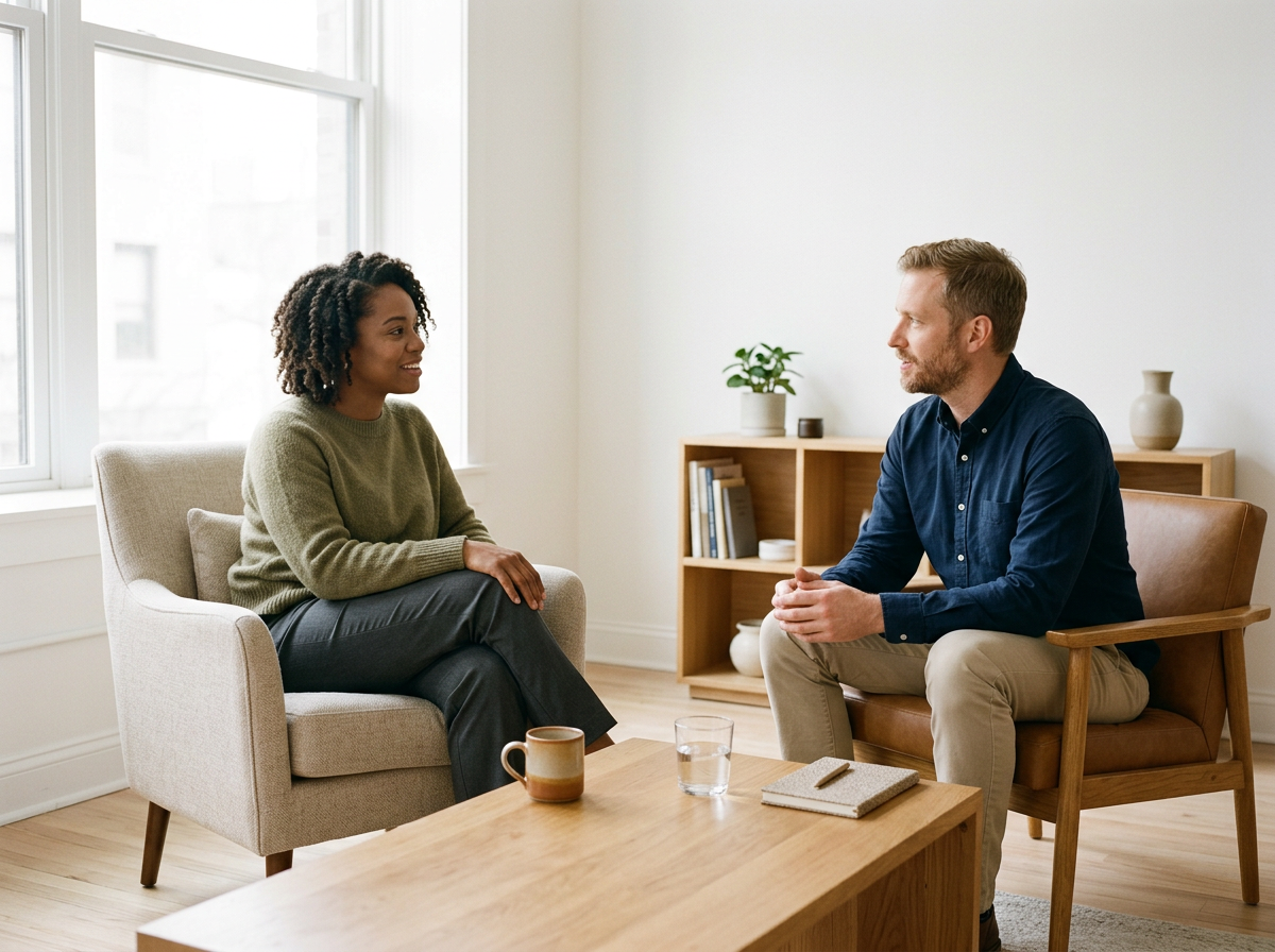 Image shows a therapist with their client in a light filled office setting