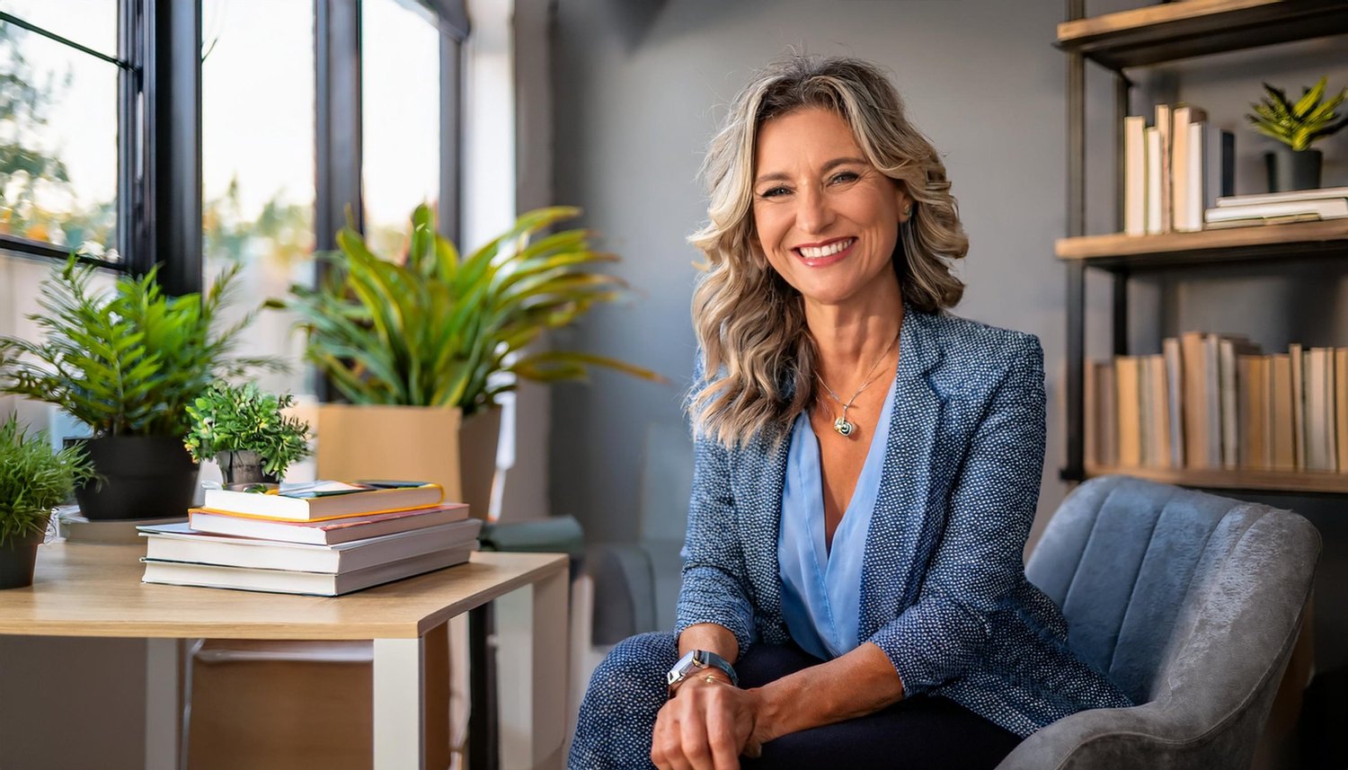 A woman smiling during a warm, supportive therapy session