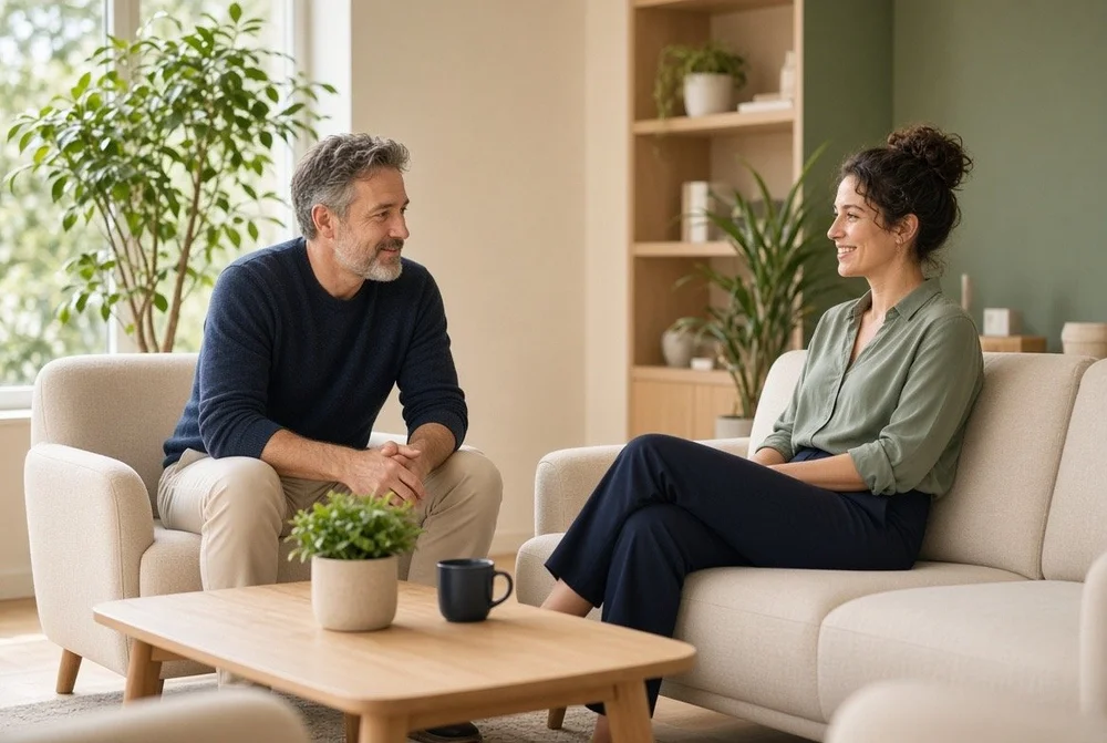 A therapist and client talking in a calm, bright therapy room at OLIP Therapy in Fareham, Hampshire