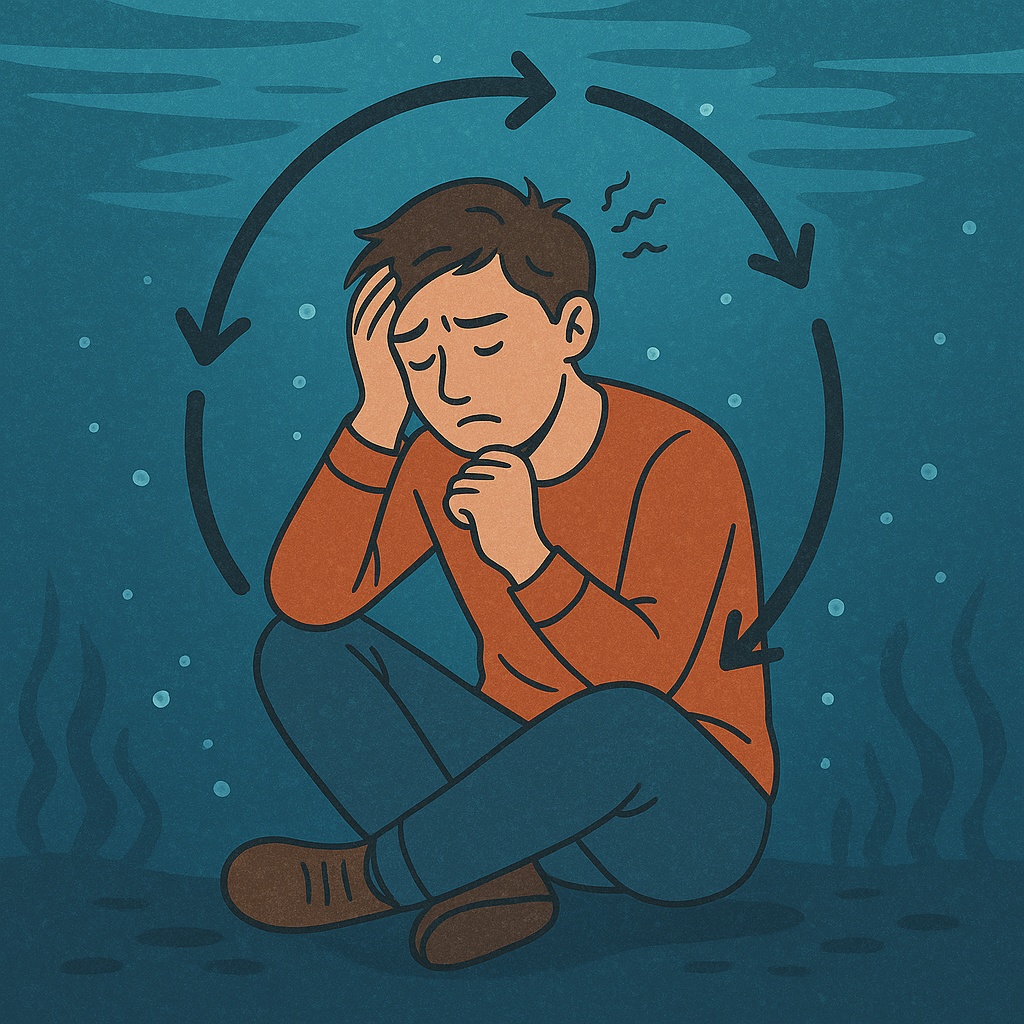 Image shows a man underwater struggling with overthinking