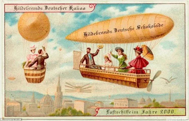 A Hildebrand chocolate postcard from 1900 imagining airships and hot air balloons carrying passengers in the year 2000