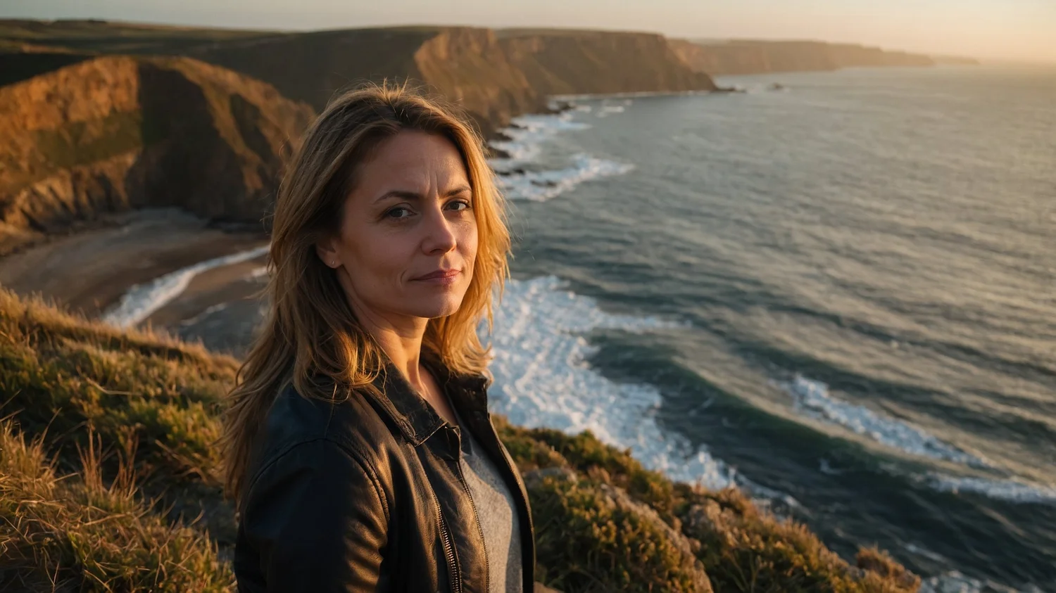 A woman looking calmly out over a horizon