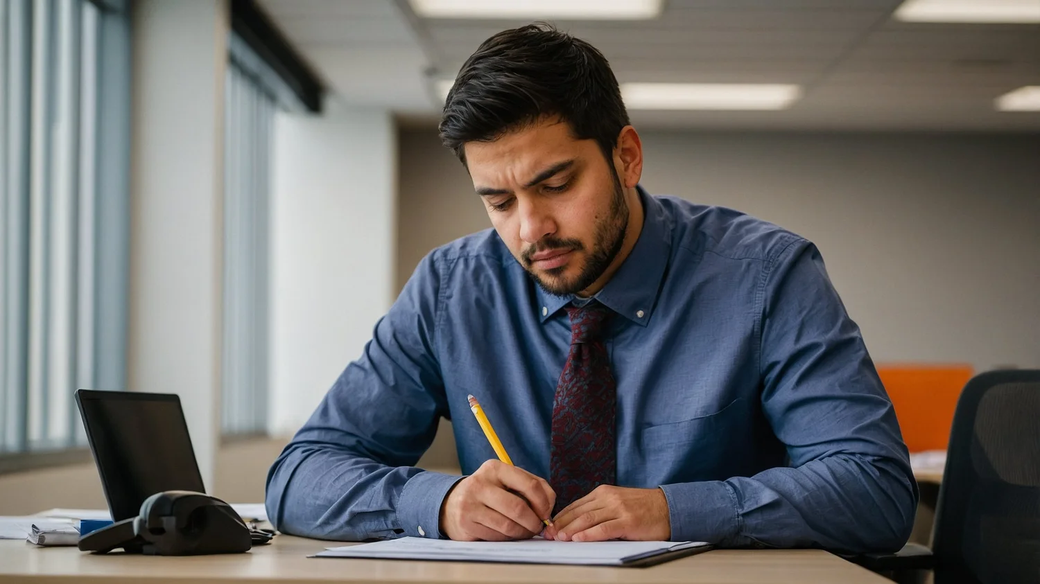 A focused, calm man working through an exam