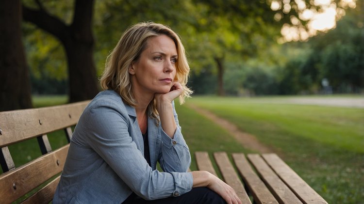 Woman sitting quietly on a bench, supported in her own time