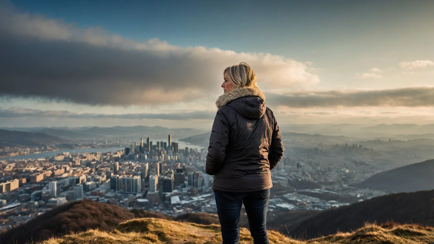 A woman looking calmly out over a city, a moment of rest