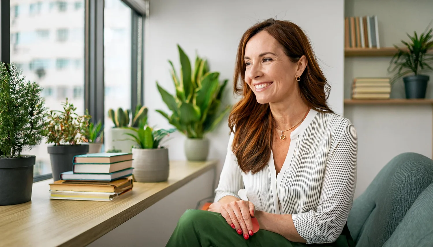 A woman in a warm, supportive therapy session
