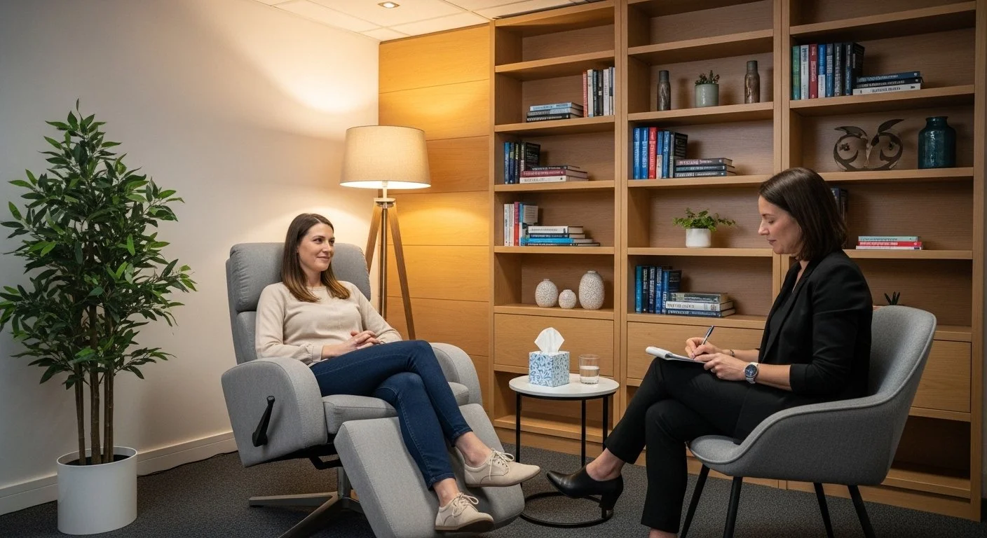 Image shows a woman in a therapeutic setting smiling at her therapist - anxiety and hypnotherapy
