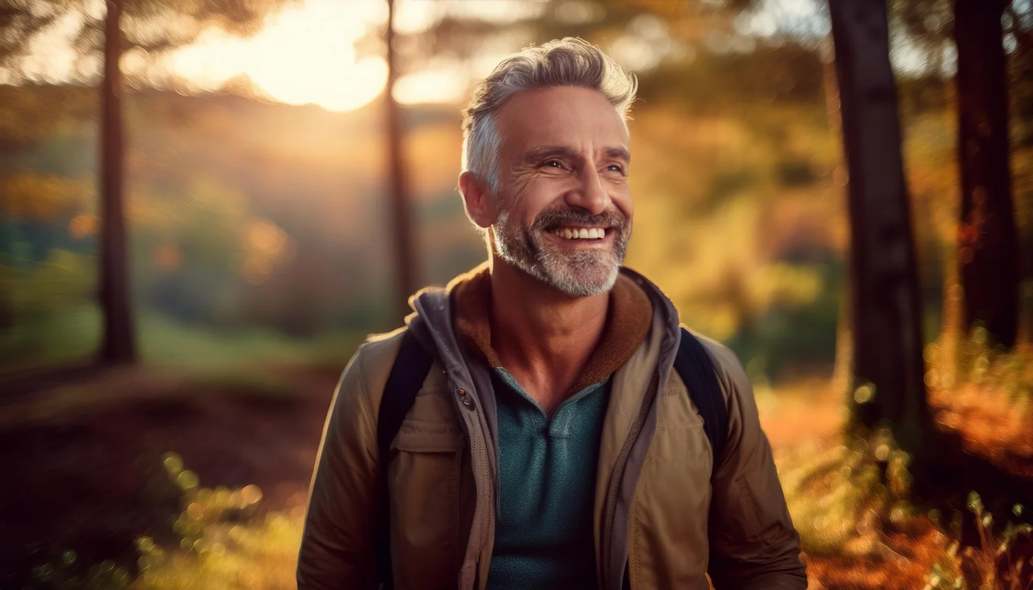 A relaxed man walking in golden-hour woodland, free of the weight of procrastination