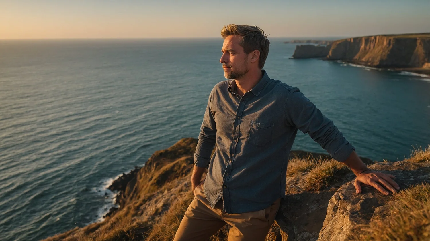 A man looking out over a horizon, focused on his goals