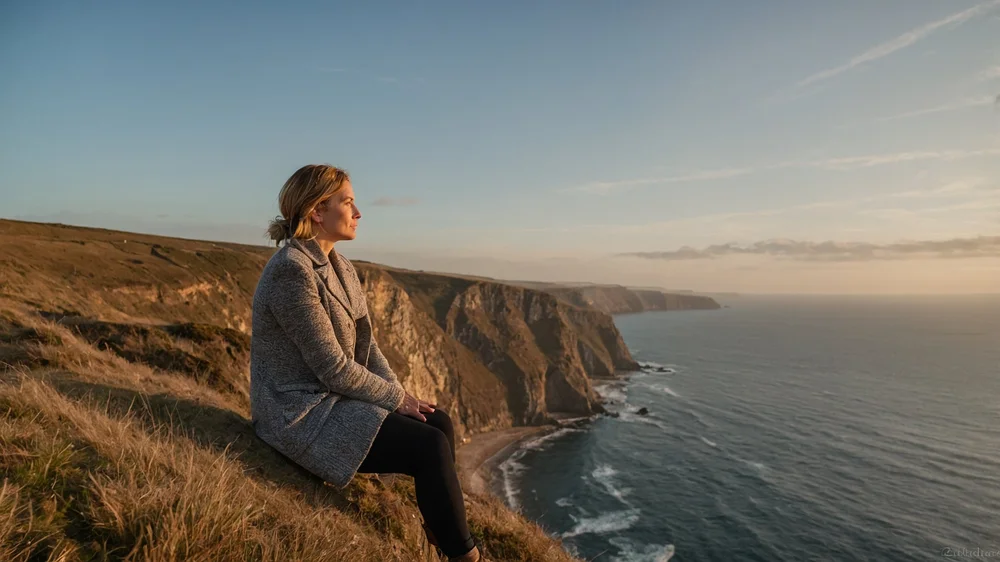 A person standing tall, looking out with calm confidence